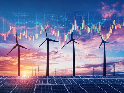 Wind turbines and solar panels at sunset with a digital stock market graph overlay, symbolizing renewable energy and technology integration.