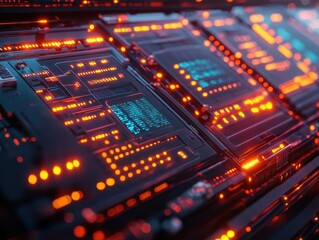 Fototapeta premium Solar battery charging with digital energy readouts, closeup detail, dark background, vibrant tech lighting