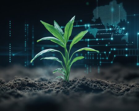 A young green plant sprouting from dark soil with a futuristic digital background symbolizing growth and technology integration.
