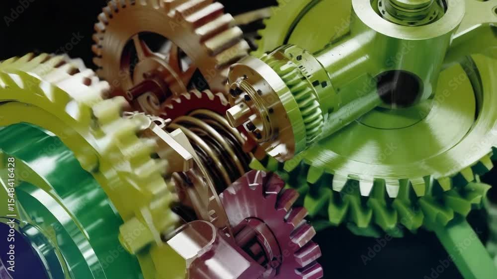 Poster close up of complex metal gears and cogs interlocking in a monochrome mechanical assembly view