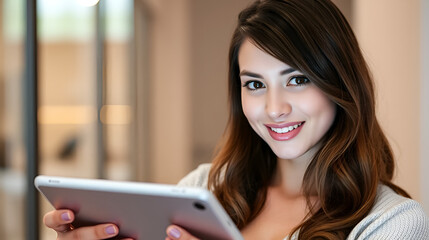 Portrait of pretty young woman holding Touch Screen tablet compu