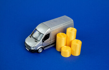 A delivery van with a stack of cash coins. Delivery of goods, economics of the logistics industry. Cost of transportation services, e-commerce revenue, supply chain. Retail and trade.