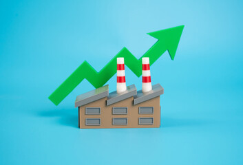 Industrial plant and green arrow up. Economic growth and industrial development. Rising production, industrial recovery, or investment inflow. Green industrial transitions, cleaner technologies,