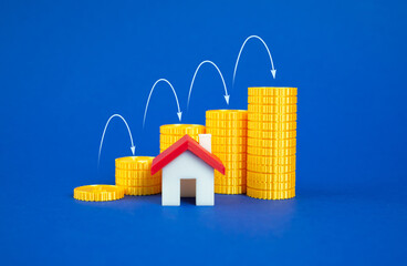 House and a stack of coins growing like a graph. Rising real estate prices. Costs increase as housing deteriorates. Housing prices and ownership costs over time. Taxes, and real estate maintenance