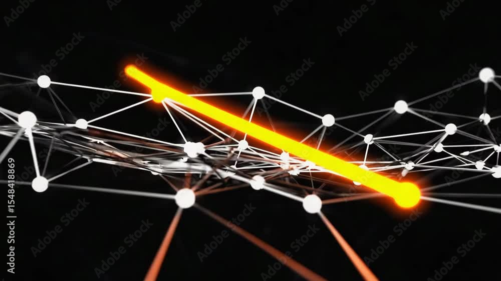 Poster abstract network animation with glowing orange line connecting white nodes on black background