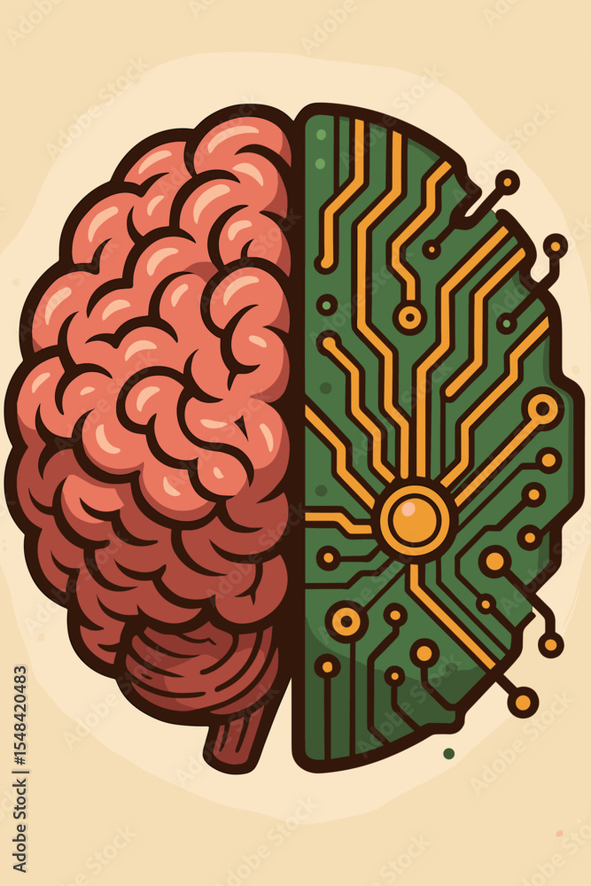 Poster artificial intelligence concept with human brain and circuit board. fusion of mind and machine. tech