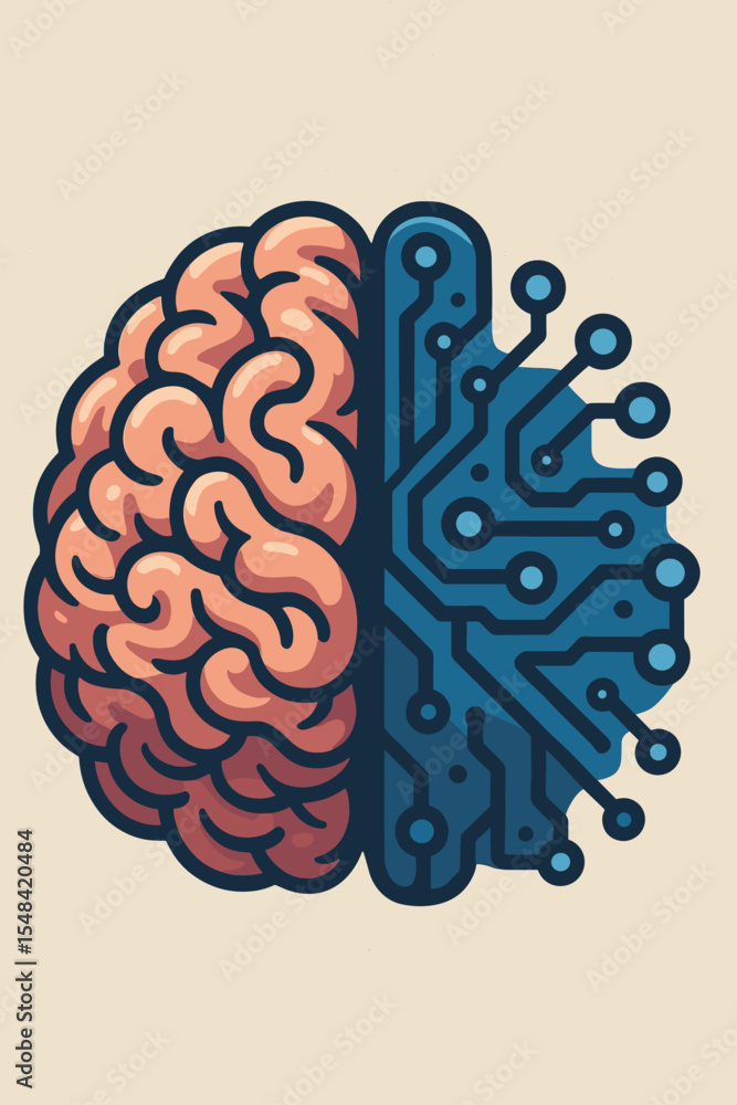 Poster artificial intelligence concept. human brain and circuit board fusion. vector illustration metaphor 