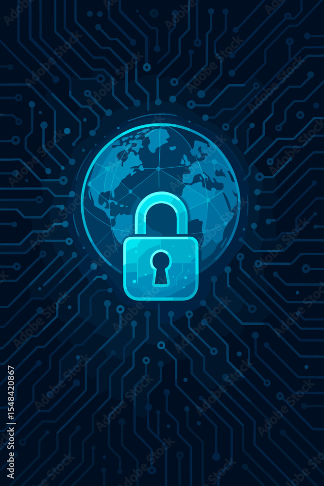 Poster cybersecurity concept with glowing padlock and world globe on a digital circuit board background. gl