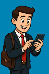 Young businessman cartoon character using a smartphone for communication. Happy corporate employee texting on mobile phone. Mobile technology and social media concept vector illustration.