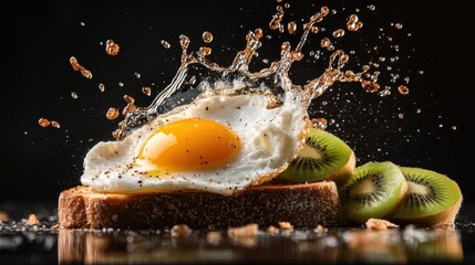 An artistic capture of a perfectly cooked egg on toast with splashing water, evoking culinary delight and creativity, perfect for food lovers.