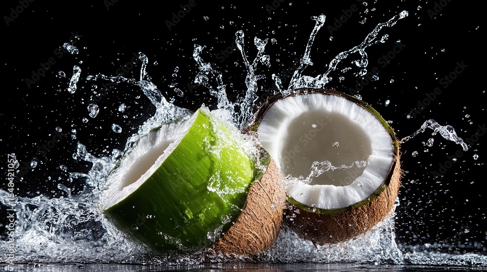 Aufkleber an action-packed image of split coconuts splashing water in a dramatic manner, showcasing the refres