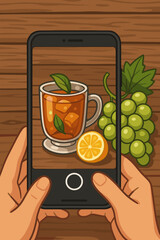 Hands taking a food photo with a smartphone. Food blogger capturing content for social media. Iced tea, lemon, and grapes on a rustic wooden table. Vector cartoon illustration.