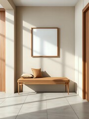 3d japandi hallway bench space with minimalist wood accents and geometric wall art in serene modern design