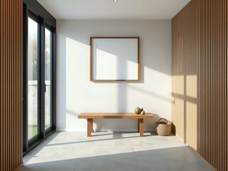 3d japandi hallway bench space with minimalist wood accents and geometric wall art in serene modern design