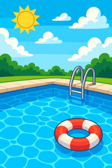 Summer swimming pool background concept. Cartoon vector illustration of a sunny day with a lifebuoy. Vacation, holiday, leisure, and relaxation scene. Clear blue water.