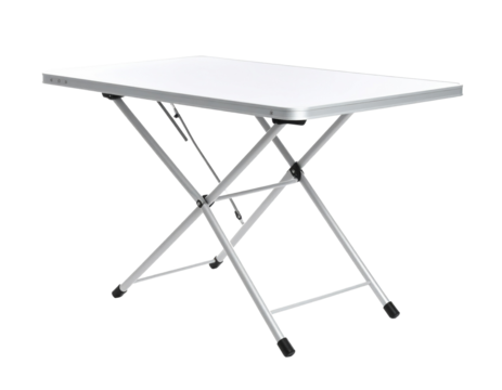 Folding table isolated on white, portable furniture for camping or events.