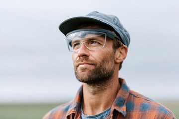 Focused man in cap  smart glasses looks confidently towards the future. Concept innovation, tech, agriculture, or vision. Ideal for technology, future concepts.