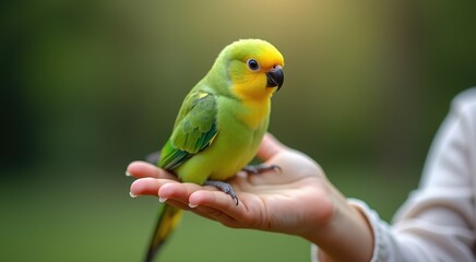 Naklejka premium Small green bird perched on a persons hand