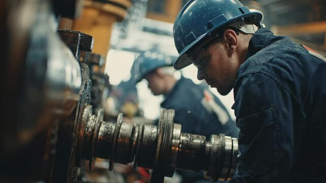 Two marine engineers wearing protective helmets and glasses are diligently working on a large ship engine inside a dry dock, performing essential maintenance and repairs