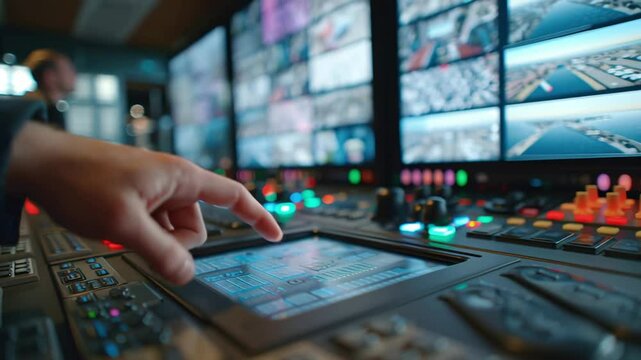 Close up view of a hand operating a video switcher in a television broadcast control room, skillfully managing multiple screens filled with dynamic marine footage