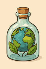 Earth globe in a glass bottle with leaves. Metaphor for environmental conservation, sustainability, and protecting our fragile planet. Ecology concept vector cartoon illustration.