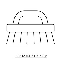 Cleaning brush icon with handle in simple linear style. Symbol of cleanliness, surface scrubbing, domestic chores and sanitation tools. Editable stroke.