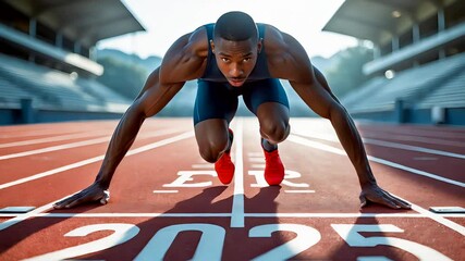 Professional athlete in sprint start position on red track field ready to race at modern outdoor stadium - Powered by Adobe