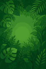 Lush tropical rainforest leaves background with copy space. Vector cartoon illustration of jungle foliage frame. Exotic nature backdrop with monstera and palm leaf for summer design.