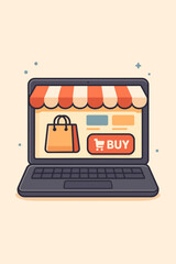 E-commerce concept with laptop showing an online store. Digital marketplace with buy button, shopping cart and bag. Vector cartoon illustration for internet retail and web shopping.