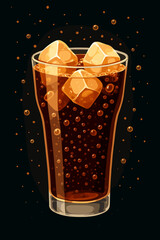 Refreshing glass of cola soda with ice cubes and effervescent bubbles. Cold carbonated beverage vector illustration on a dark background. Perfect for menu or advertising design.