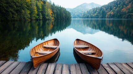 Obraz premium Two rustic wooden boats gently docked at the edge of a tranquil lake surrounded by lush forests, embodying peace and natural beauty in a picturesque outdoor setting.
