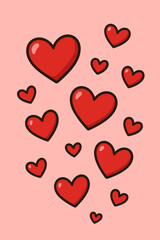 Vibrant red hearts floating on pastel pink background. Romantic cartoon vector illustration symbolizing love, affection, happiness, Valentine’s Day, romance, passion, and togetherness