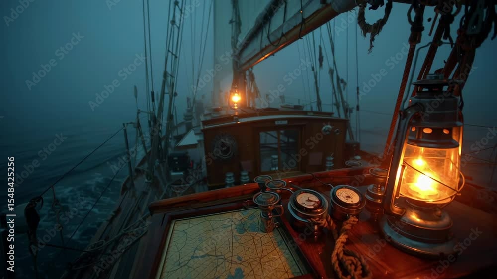 Aufkleber kerosene lamp illuminates a nautical chart and navigational instruments on the deck of a sailboat na