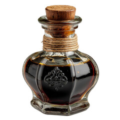 Vintage bottle of balsamic vinegar with cork stopper close up view isolated on transparent background