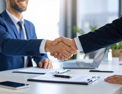 Accord professionnel entre deux coll&egrave;gues dans un bureau moderne &ndash; poign&eacute;e de main et contrat sign&eacute;