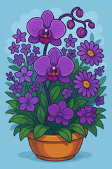 Vibrant purple orchid flower arrangement in ceramic pot, lush cartoon vector illustration, assorted blooming daisies, violets, floral bouquet design, botanical decorative spring plants