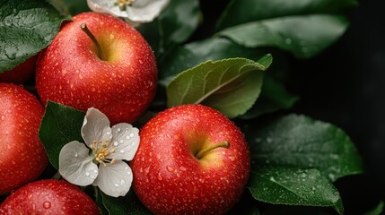 This image beautifully showcases fresh red apples accompanied by lush green leaves and delicate white flowers, emphasizing nature's vibrant colors and bountiful harvest.