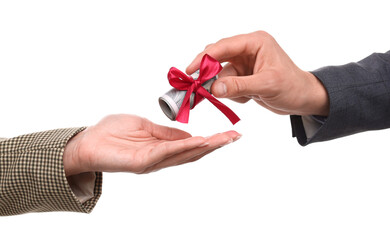 Bonus. Boss giving money to employee on white background, closeup