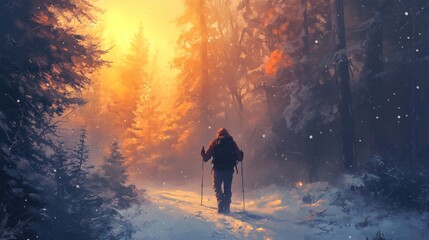 Traveler Trekking Through Snowy Forest Landscape with Backpack and Hiking Poles