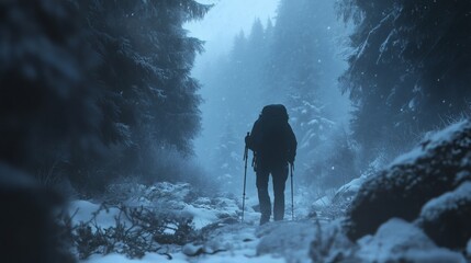 Backpacker Hiking through Snowy Mountain Forest During a Snowstorm
