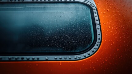 A close-up view of raindrops clinging to an orange glass surface, creating a moody and introspective atmosphere that evokes feelings of reflection and contemplation.