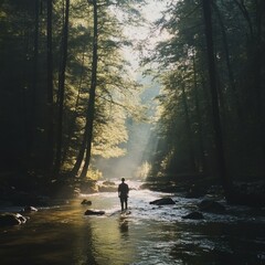 Person Wading Through a River in a Forest with Sun Rays Filtering Through Trees