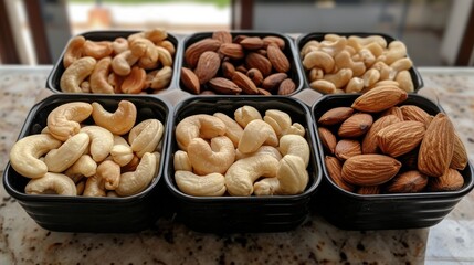 Fototapeta premium An appetizing display of various nuts in black containers, showcasing a healthy snack option while promoting wellness and diversity in nutrition.