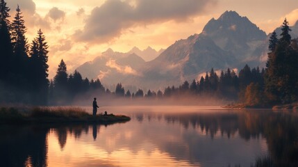 Person Fishing in a Mountain Lake at Sunrise with Reflection and Fog