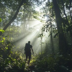 Hiker with Backpack Walking through Lush Green Forest with Sunbeams