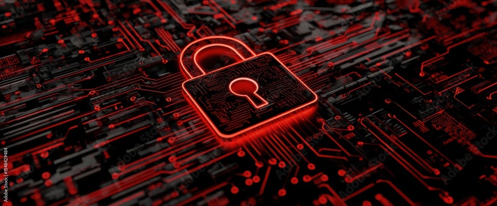 Poster red digital padlock icon on a black background, a cyber security concept circuit board pattern on a 