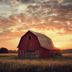 Weathered Wooden Barn in Field at Sunset with Orange Clouds