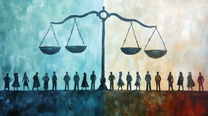 Silhouettes of People Under Scales of Justice Symbolizing Balance and Equality