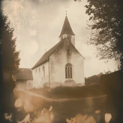 Quaint Rural Church with Steeple and Cross Amidst Greenery, Aged Tone