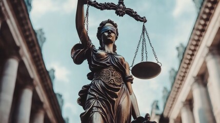 Themis Sculpture Holding Scale of Justice Blindfolded Bronze Color
